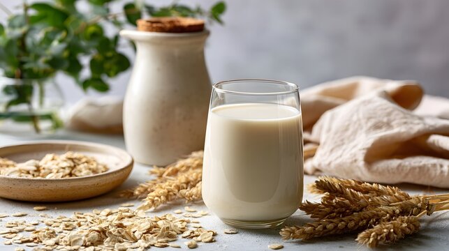 A glass of creamy oat milk surrounded by scattered oats  wheat stalks  and a ceramic jar with a cork lid