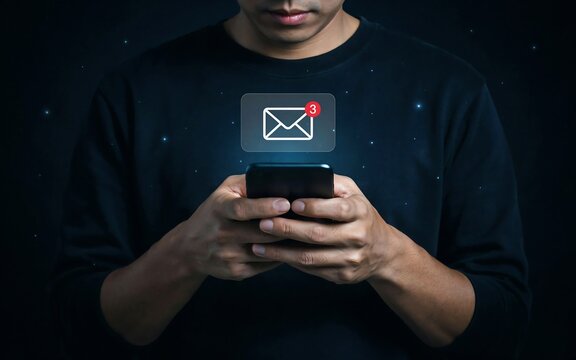 Man holding a smartphone with a floating email notification icon showing unread messages