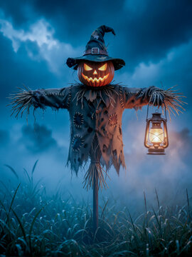 Spaventapasseri con testa di zucca e lanterna nella nebbia a Halloween