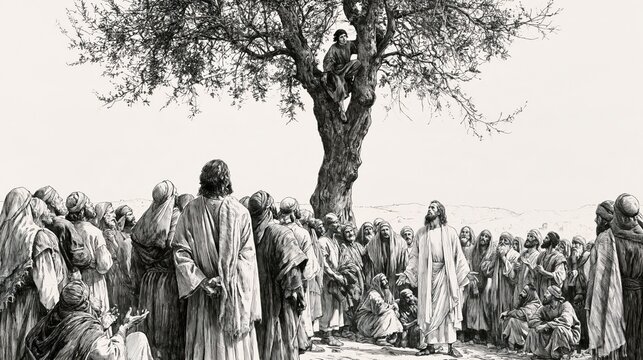 Jesus addressing a gathered crowd in Jericho beneath a sycamore tree where Zacchaeus climbs to see him, prompting an encounter of repentance, hospitality, and restoration.