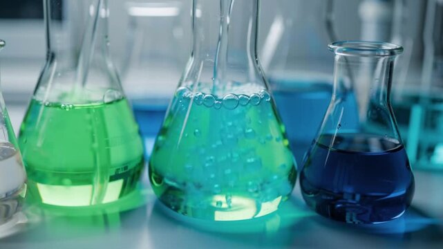 Laboratory glassware flasks with bubbling blue green liquid chemical reaction
