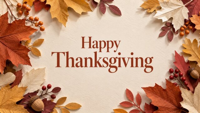 Happy Thanksgiving Celebration With Autumn Leaves and Berries