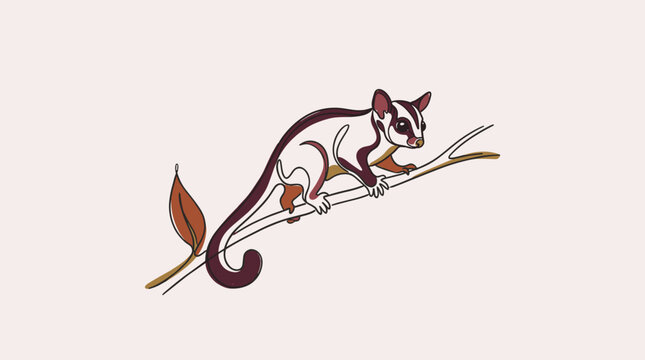 Stylized vector illustration of a sugar glider marsupial balancing on a tree branch with a leaf, featuring minimalist line art and a warm color palette on a solid light background.