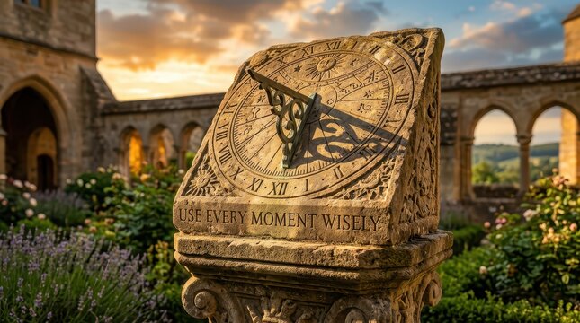Antique stone sundial with Roman numerals and inscription in a garden at sunset