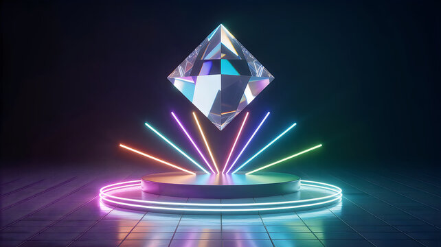 Futuristic diamond-shaped cryptocurrency logo with light rays