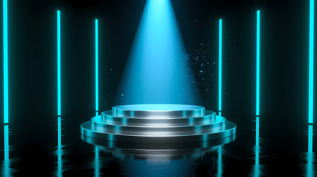Multilevel circular platform in neon-lit void