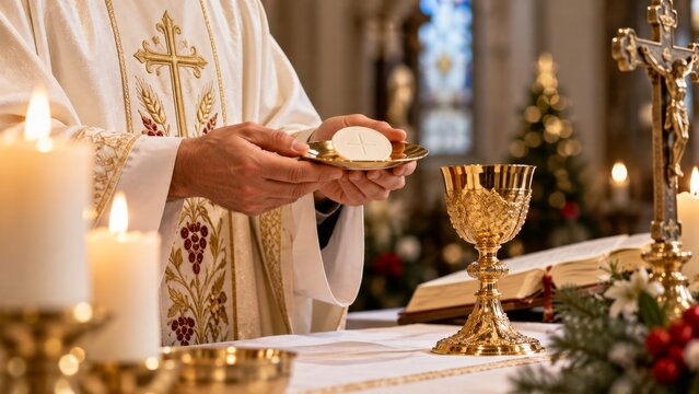 Celebration of Communion During a Service in a Church With Candles and Decorations
