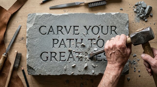 Artisan carving inspirational quote into stone with hammer and chisel, craftsmanship