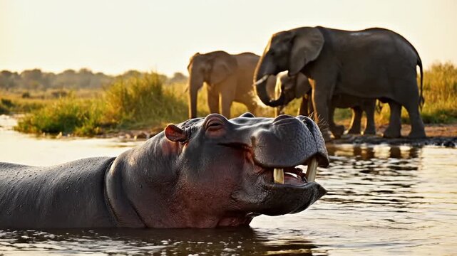 Hippo yawning in river with elephants on savanna at sunset