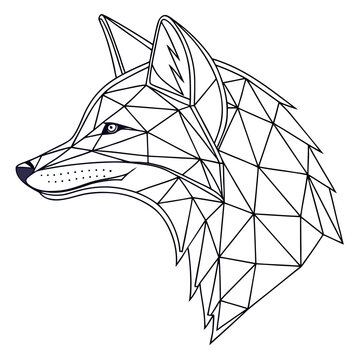 Geometric wolf head minimalist line of a wild animal, abstract triangular polygon portrait on a plain white background