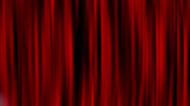 Red velvet theater curtains appearing from black background with moving spotlights for stage performance