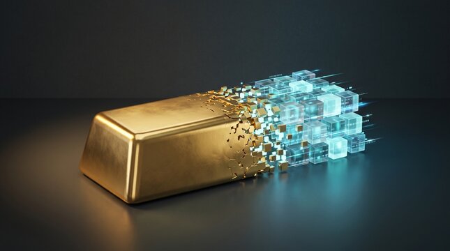 Gold bar transforming into glowing digital cubes