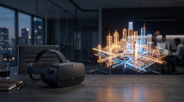 VR Headset on Desk with Holographic City Map