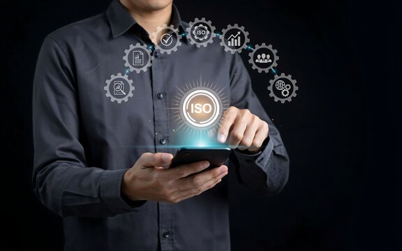 Man holding smartphone displaying iso certification and business process icons, representing quality mana