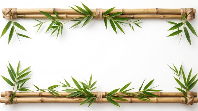 Bamboo frame border with fresh green leaves on white background, natural zen spa background for massage wellness concept, eco friendly wooden bamboo stalks border frame layout with copy space