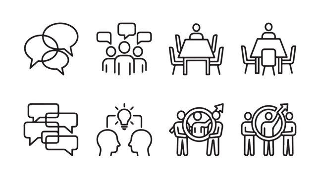 Business meeting and communication icon set, 8 vector line icons for teamwork and collaboration, professional office discussion symbols isolated on White Background