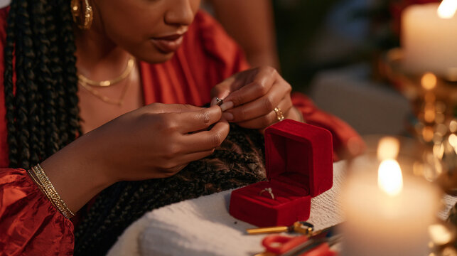 Close-up hands of a beach hair braider work intricate cornrow patterns near candlelight at dusk, two velvet ring boxes open beside the braiding tools, commitment and love concept