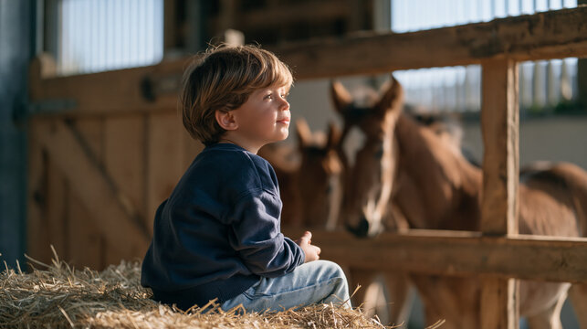 A young child sitting on a hay bale inside a modest horse stable, watching foals feed through a worn wooden gate, the quiet scene reflecting a rural family's careful stewardship