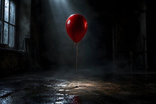 Mysterious Red Balloon in Abandoned Room for Halloween Horror.
