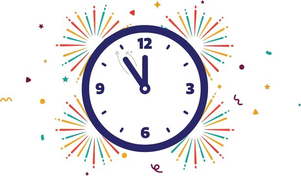 Clock showing almost midnight with festive firework confetti.