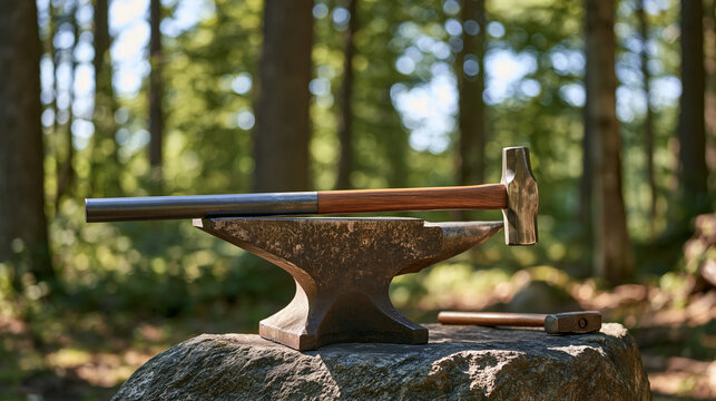 Metalworker's finished steel rod cooling on an anvil outdoors, single object detail against dappled forest edge, hammer resting beside it, grain of the forged metal catching