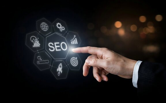 Business person touching a glowing digital interface with seo icons on a dark background setting