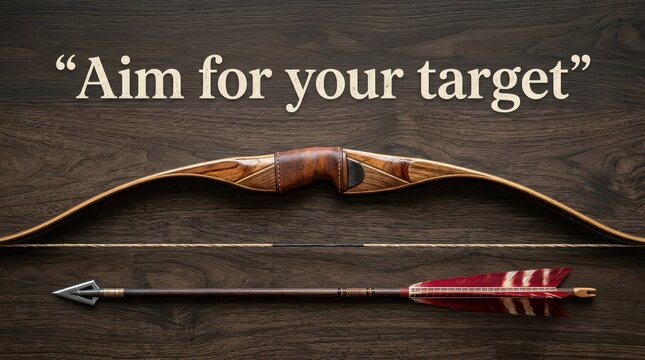 Archer's bow and arrow on a wooden background, symbolizing focus and achieving goals