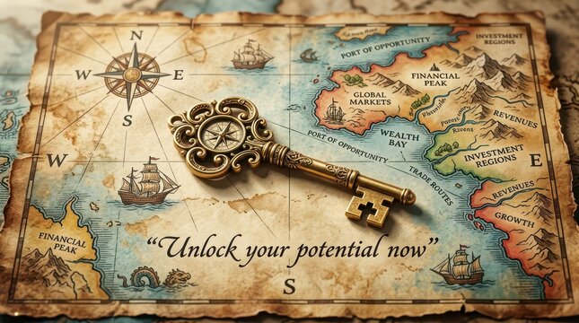 Antique Golden Key Unlocking a Vintage Treasure Map of Financial Peaks and Investment Regions