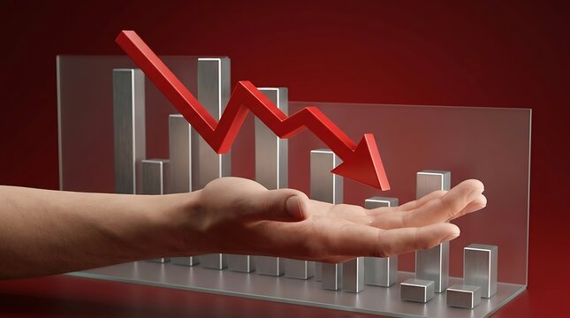Business and Financial Crisis Concept with Human Hand Catching Falling Red Arrow and 3D Bar Graph Chart Over Red Background Representing Stock Market Crash, Economic Recession and Investment Loss