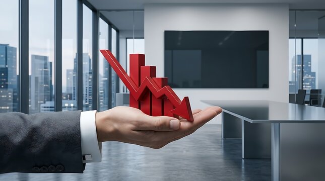 Businessman Hand Holding Red Decreasing Bar Chart and Downward Arrow in Modern Office Setting, Symbolizing Financial Crisis, Economic Recession, Business Loss, and Market Failure Concept