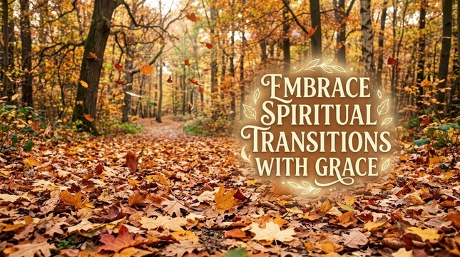 Autumn forest path covered in fallen leaves, with inspirational text overlay about spiritual