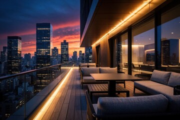 Fototapeta premium Modern luxury balcony with stylish sofa, table at sunset. Urban apartment terrace offers cozy outdoor lounge area with city skyline view. High rise building features elegant patio furniture, warm