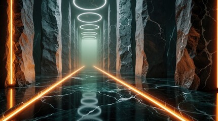 Fototapeta premium Futuristic marble corridor with glowing neon lights, tall stone columns. Abstract 3d interior features orange led lines on floor, white circular rings on ceiling. Dark luxury space with glowing