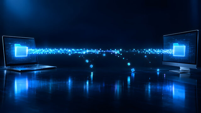Conceptual 3D visualization of high-speed data transmission through fiber optic cables, featuring glowing data packets traveling through optical fibers. Ideal for telecommunications.
