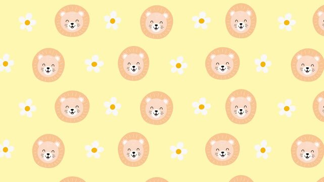 Seamless animated background with cute lion faces and flowers