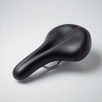 Black Leather Bicycle Saddle With Red Stitching Isolated On Clean White Background Studio Shot