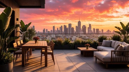 Fototapeta premium Modern rooftop terrace with wooden dining table, comfy lounge sofa at sunset. Luxury apartment balcony overlooks urban city skyline with colorful sky. Outdoor furniture, green plants, potted flowers