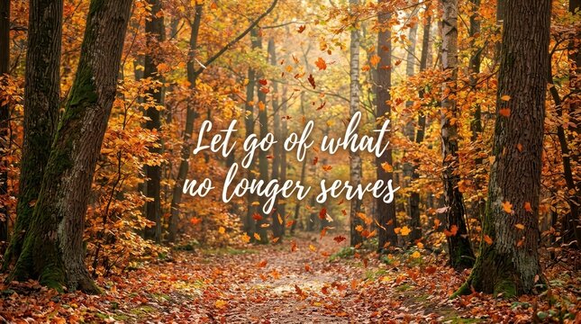 Autumn forest path with falling leaves and inspirational quote about letting go