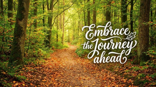 Autumn forest path with fallen leaves and inspirational quote 'Embrace the Journey Ahead'