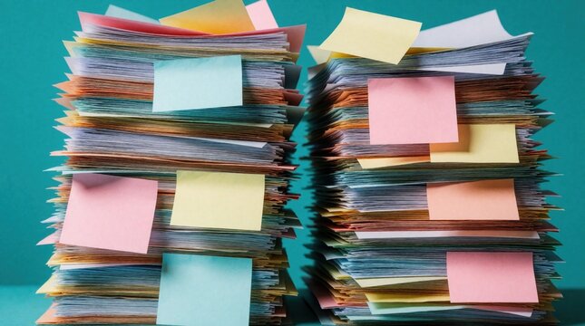 Two tall stacks of colorful paper, sticky notes on teal background. Many documents with colorful memo pads pile up in office. Creative workspace with organized paperwork, messy piles of files,