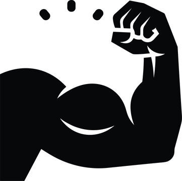 Strong flexed bicep muscle arm showing power and bodybuilding physical fitness black icon isolated on white background