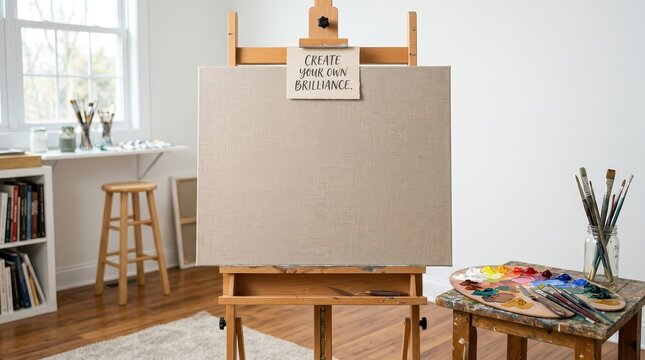 Artist's studio with easel, canvas, paint palette, and brushes, ready for creation