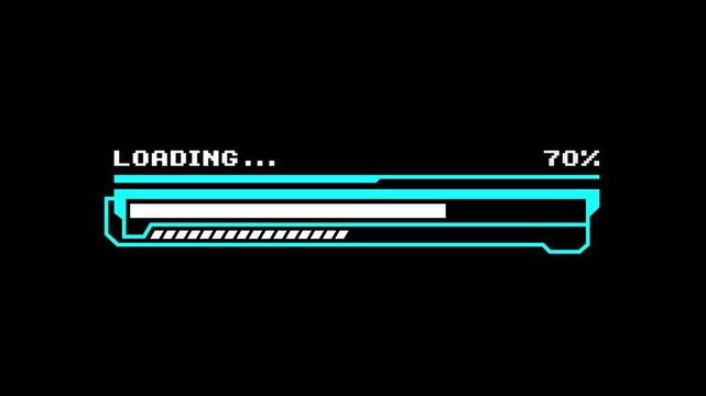 Cyberpunk loading 70 percent Futuristic Neon HUD Element animation on black background. 70 percent complete loading bar animation. futuristic cyberpunk progress bar animation.