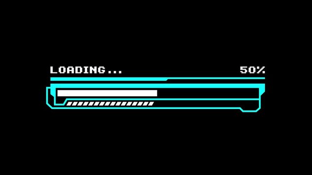 Cyberpunk loading 50 percent Futuristic Neon HUD Element animation on black background. 50 percent complete loading bar animation. futuristic cyberpunk progress bar animation.