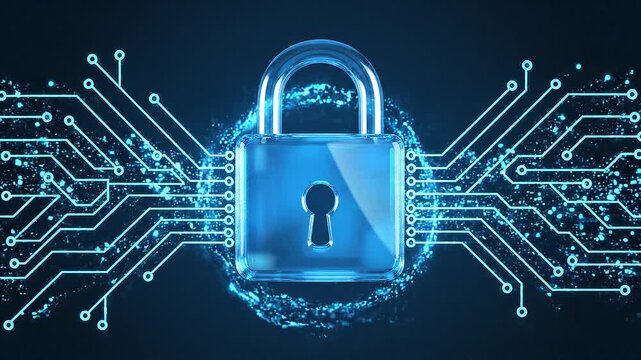 Digital Security Lock: A gleaming digital padlock, symbolizing data security and protection, is set against a backdrop of intricate circuitry and glowing data streams.
