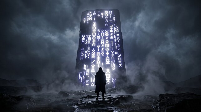 Hooded figure facing glowing monolith in misty dark landscape