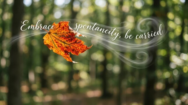 Autumn leaf falling in forest with inspirational quote Embrace spontaneity, be carried