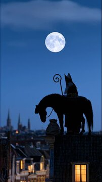 Sinterklaas with horse and sack of gifts standing on Dutch rooftops under a bright full moon overlooking a historic city at night