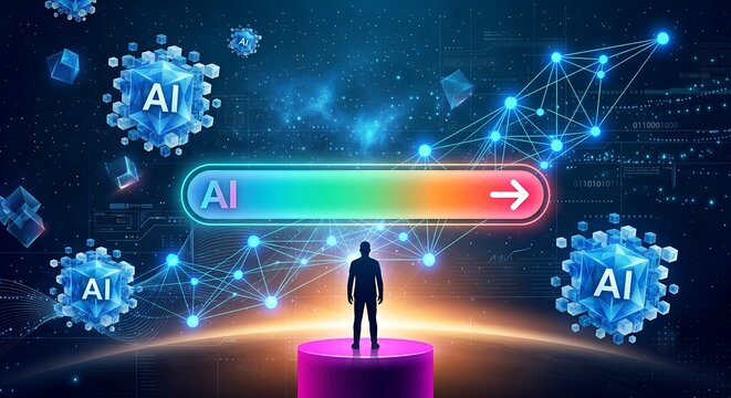  Futuristic AI Progress Concept with Human Silhouette in a Digital Cosmic Environment