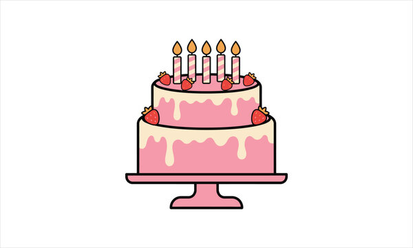 Birthday cake with lit candles and strawberries on a stand for